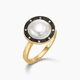 Pearl, Black Oxidized Diamond and White Diamond Statement Ring