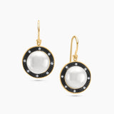Pearl, Black Oxidized Diamond and White Diamond Drop Earrings