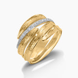 Wide Leaf Gold & Pavé Diamond Stack Ring